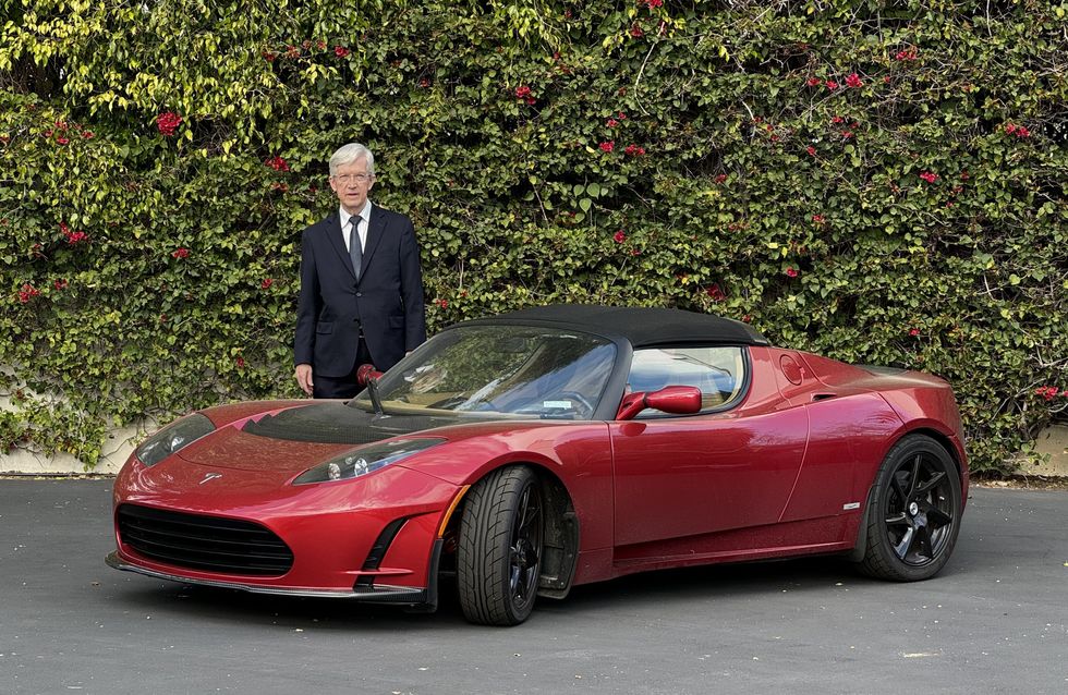 Dan O'Dowd with one of the three long-forgotten Tesla Roadsters he purchased from China