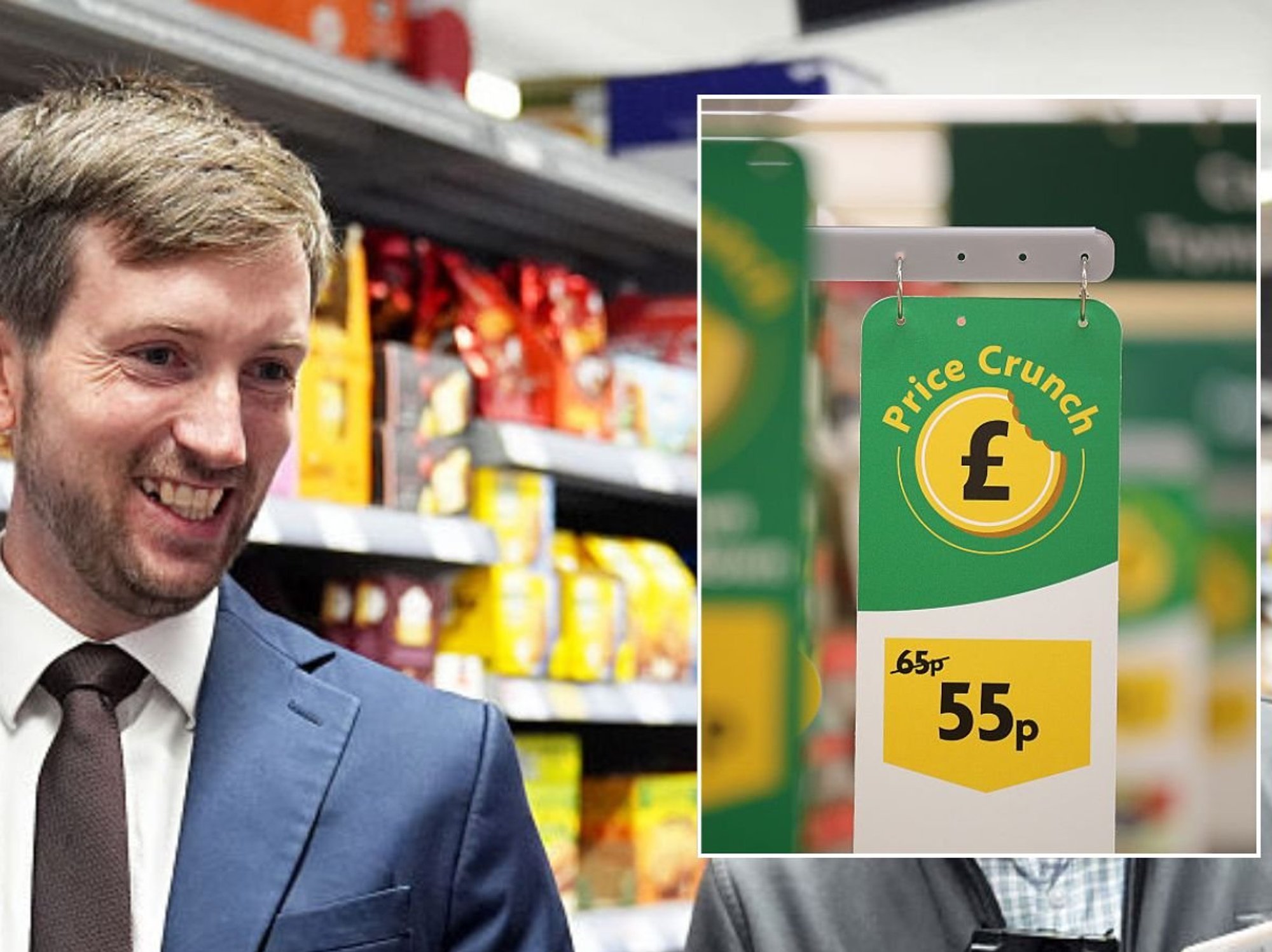 Dan Tomlinson at supermarket and Morrisons sale advertisement