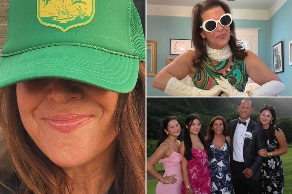 Dana Young pictured wearing a baseball cap, posing in fancy dress, and with her family