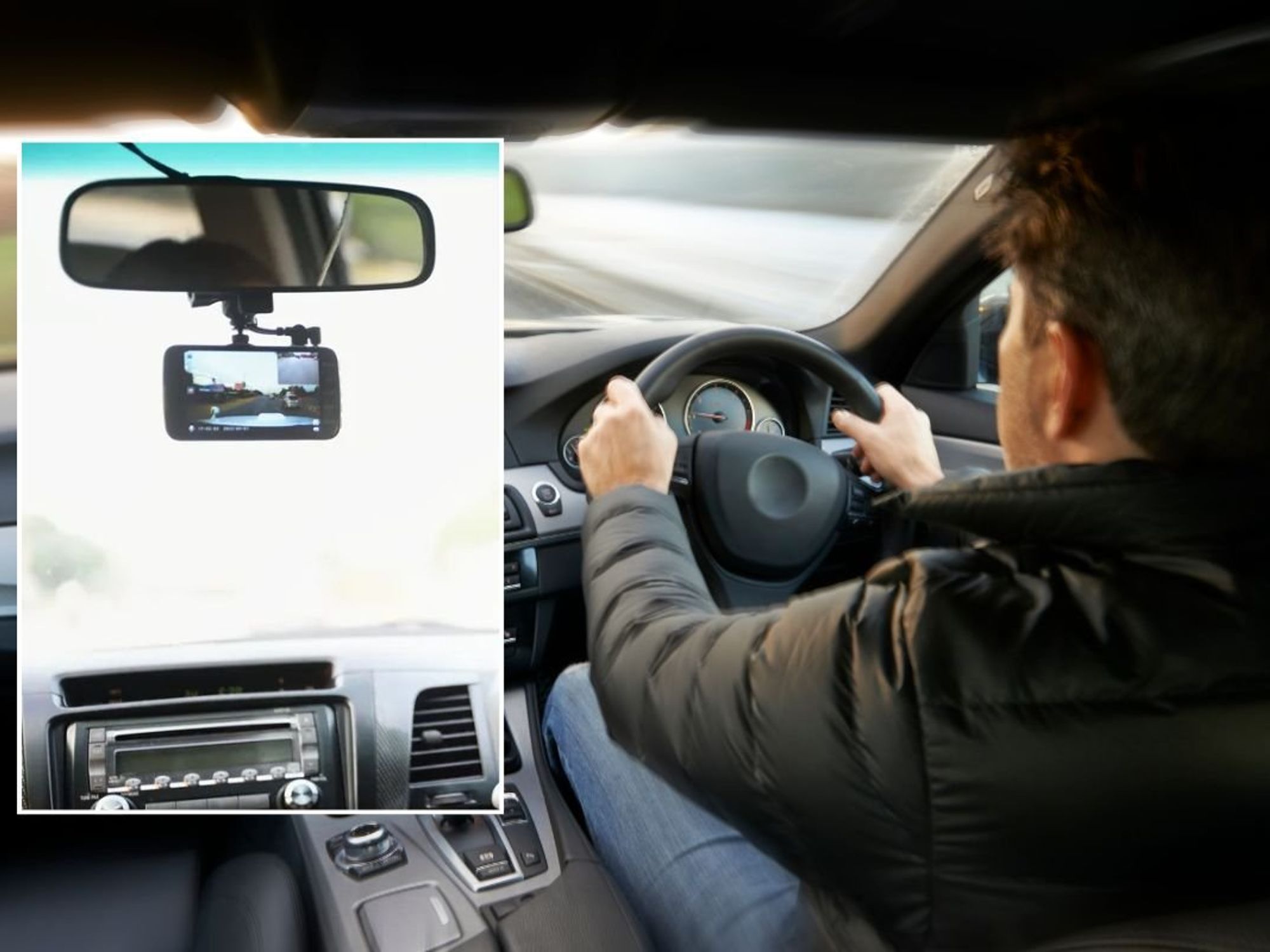 Dashcam in a car and a man driving