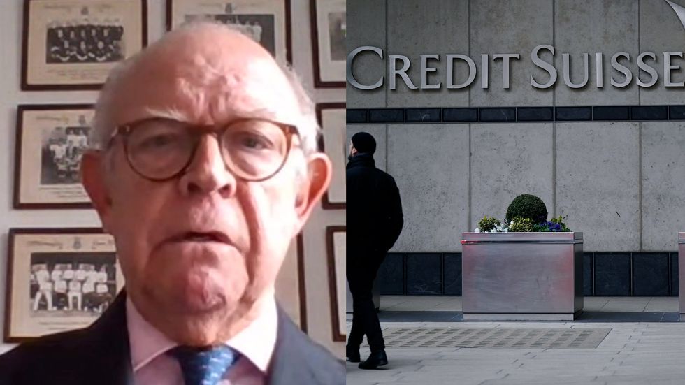 David Buik and the exterior of Credit Suisse bank