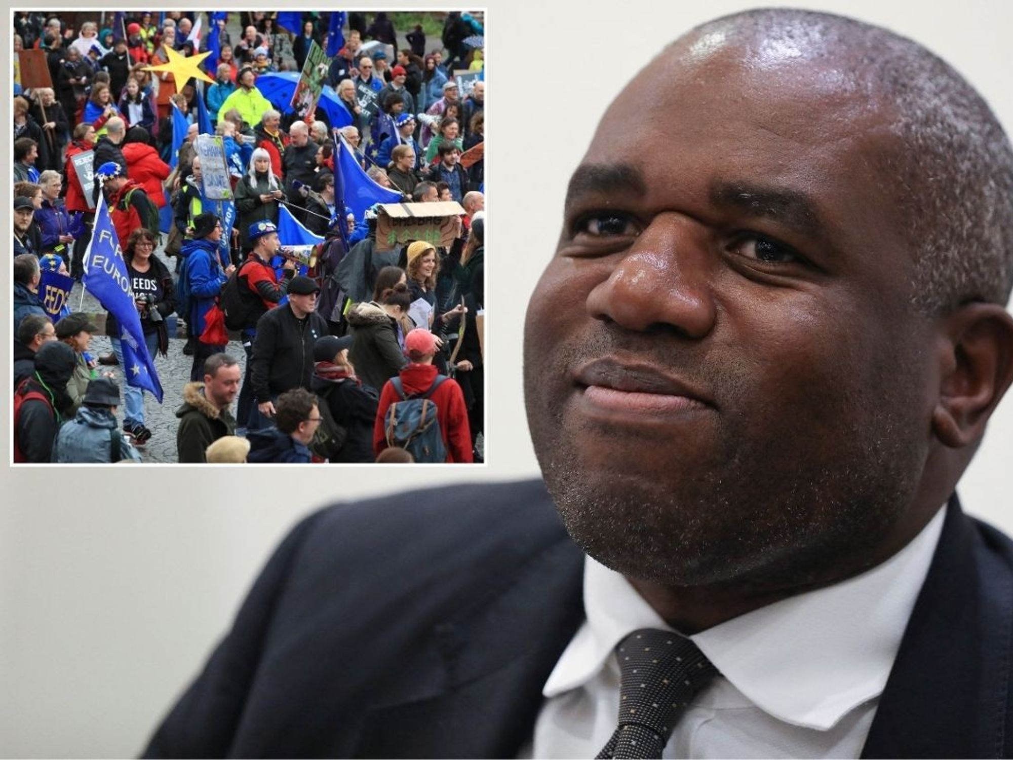 David Lammy with an inset of pro-EU protesters