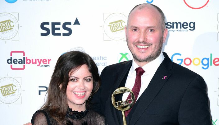 Deborah James and co-host Stephen Bland winning an award for podcast You Me and The Big C