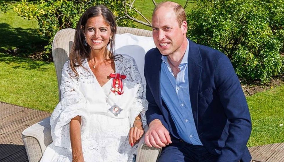 Deborah James and Prince William after she was awarded her damehood
