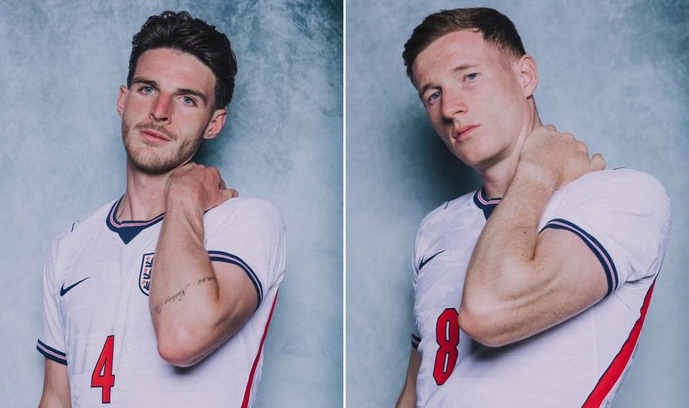 Declan Rice and Elliot Anderson were among those to catch the sun in their official World Cup pictures, and appear to be applying sun lotion to their necks - too late lads!