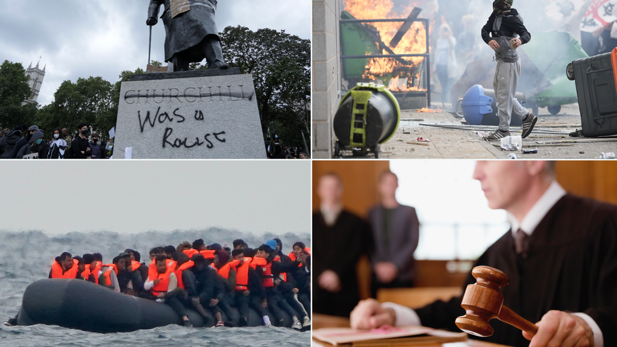 Defaced statue of Winston Churchill (top left), UK rioters (top right), illegal crossing (bottom left) and judge in court (bottom right)