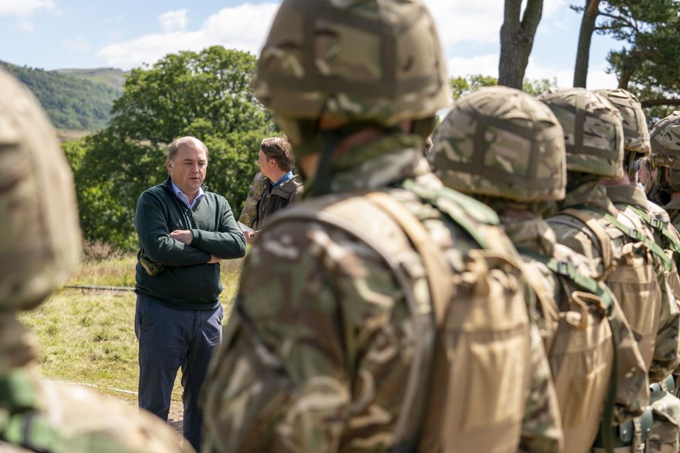 Defence Secretary Ben Wallace speaking to new recruits to the Ukranian army who are being trained by the UK armed forces personnel at a military base near Manchester.