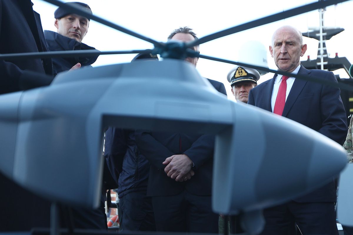 Defence Secretary John Healey is shown a model of Proteus, an autonomous Anti-Submarine Warfare system during a visit to Portsmouth Naval Base