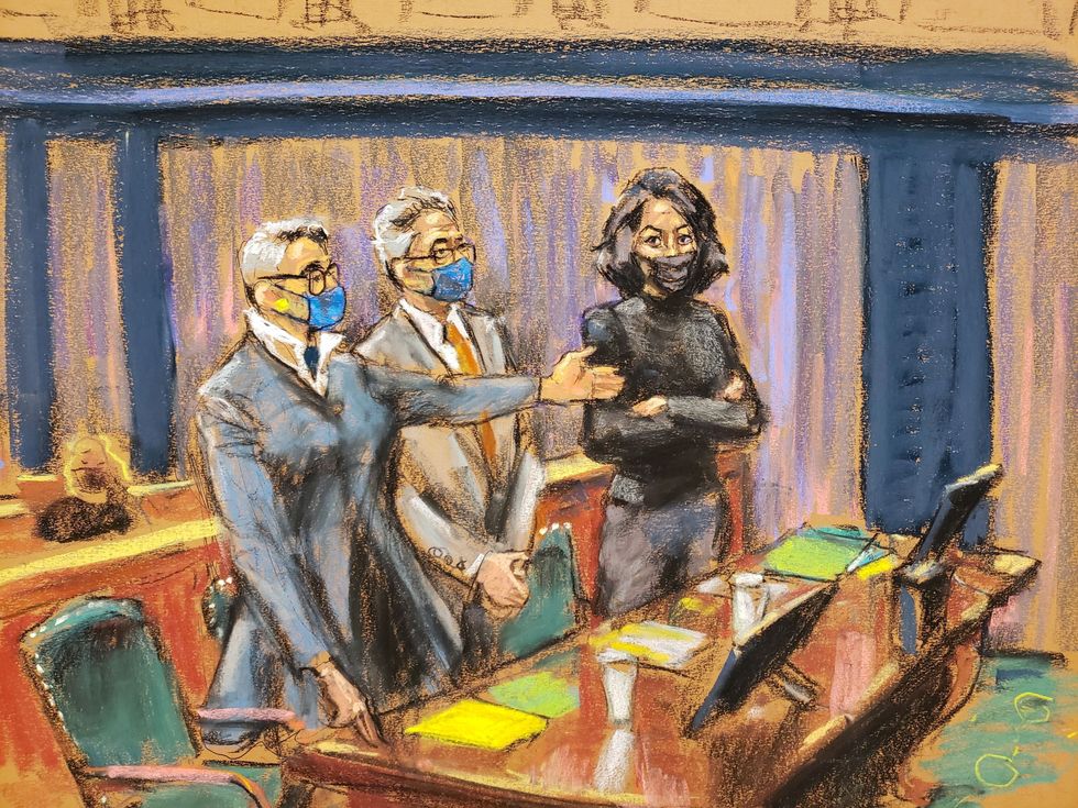 Defense lawyer Bobbi Sternheim points toward Ghislaine Maxwell standing beside Jeffrey Pagliuca during a pre-trial hearing on charges of sex trafficking, in a courtroom sketch in New York City, U.S.