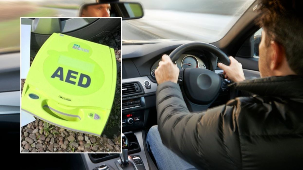 Defibrillator and a man driving a car
