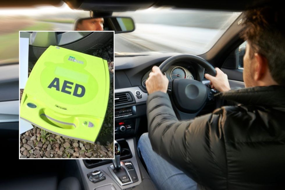 Defibrillator and a man driving a car