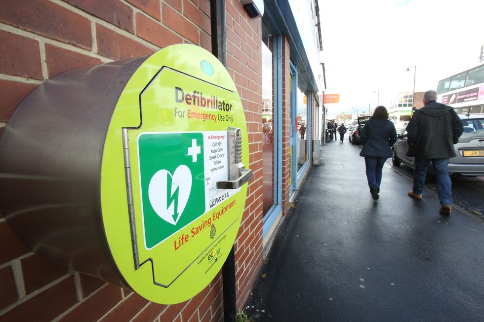 Defibrillator on a wall in Leeds