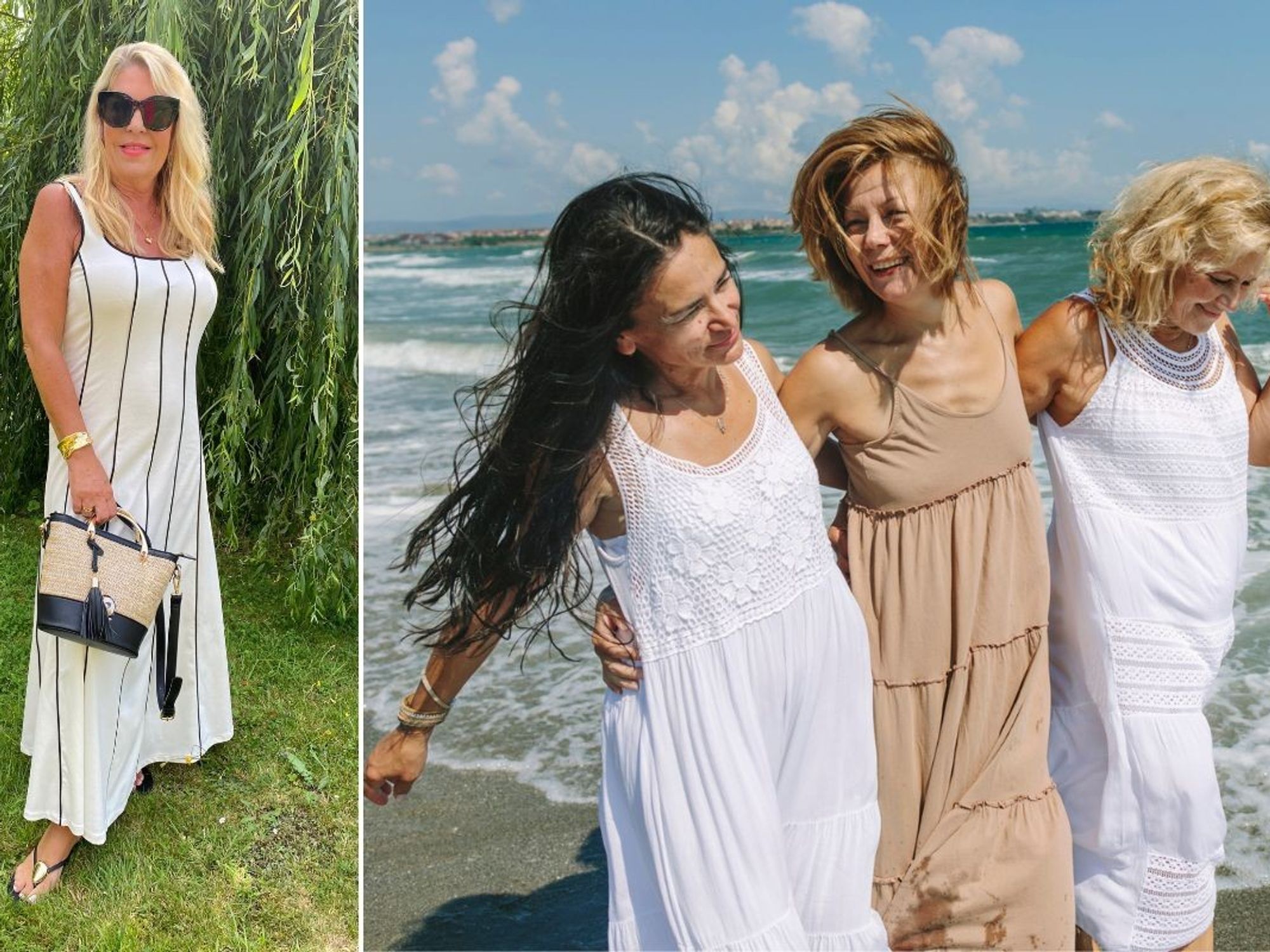 Deirdre Nicholas in Striped Cotton Dress | Mango / Female friends wearing summer dresses on beach