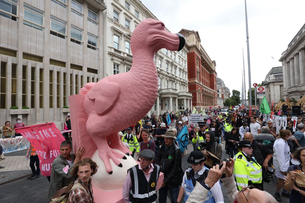 Demonstrators during a protest by members of Extinction Rebellion near the Science Museum, in central London.