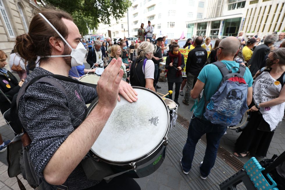 Demonstrators during a protest by members of Extinction Rebellion near the Science Museum, in central London.