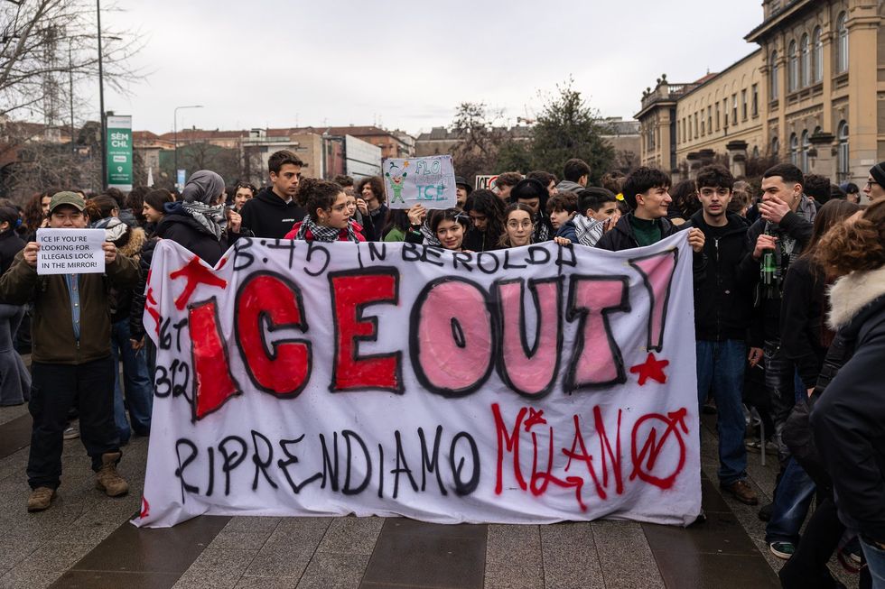 Demonstrators gathered in Milan's Piazza Leonardo da Vinci
