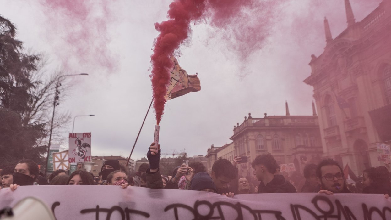 Demonstrators gathered in Milan's Piazza Leonardo da Vinci