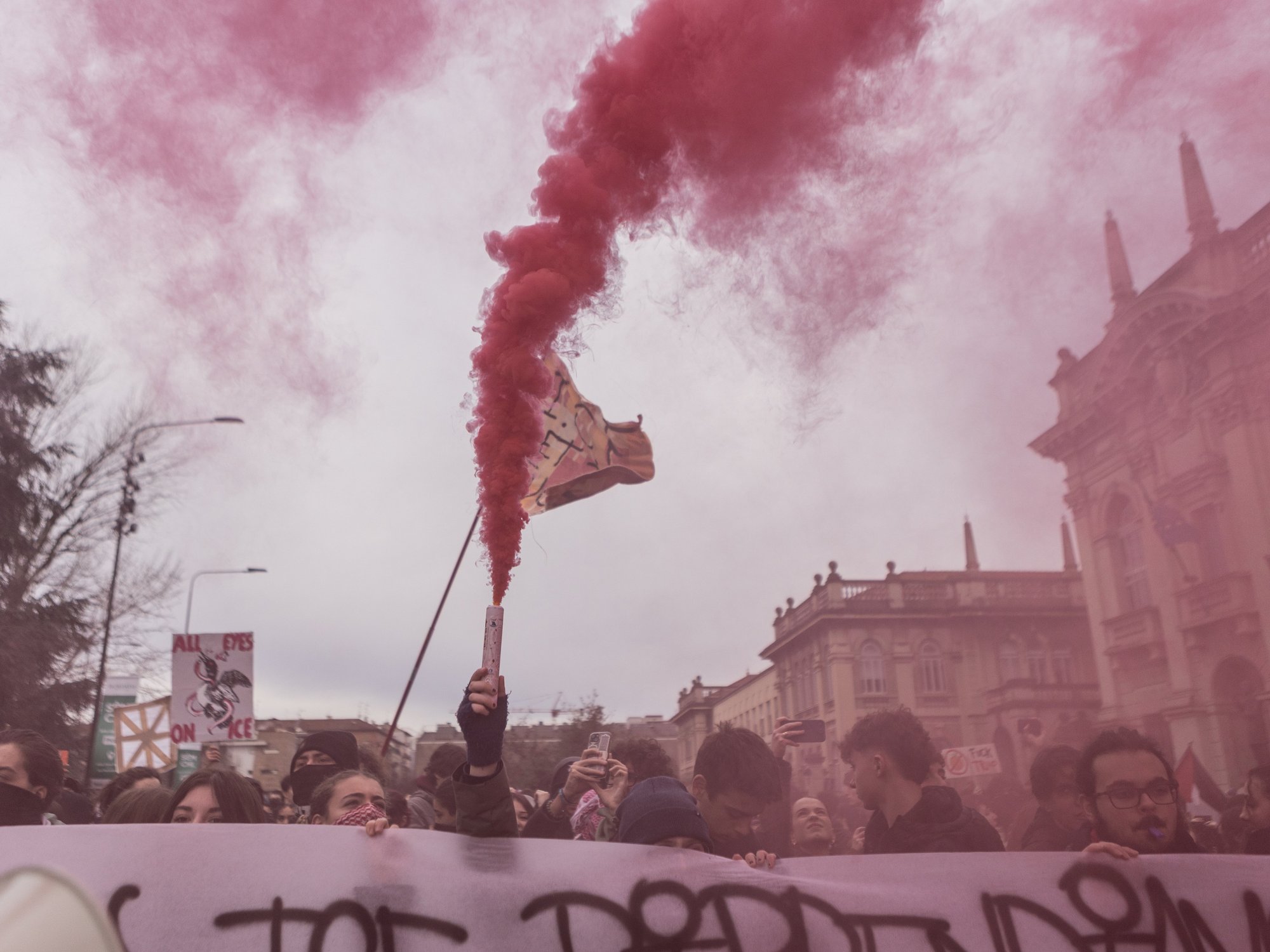 Demonstrators gathered in Milan's Piazza Leonardo da Vinci