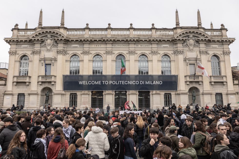 Demonstrators gathered in Milan's Piazza Leonardo da Vinci