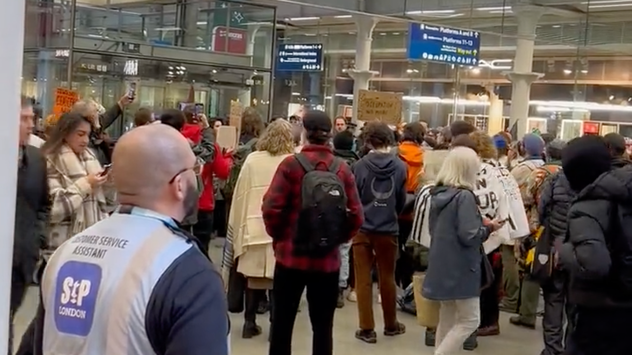 Demonstrators in the busy station