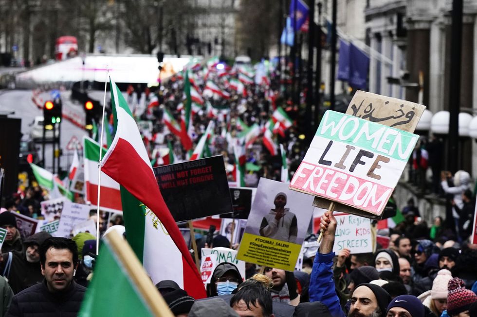 Demonstrators march towards Piccadilly Circus in London, to protest against the Islamic Republic in Iran following the death of Mahsa Amini. Picture date: Sunday January 8, 2023.