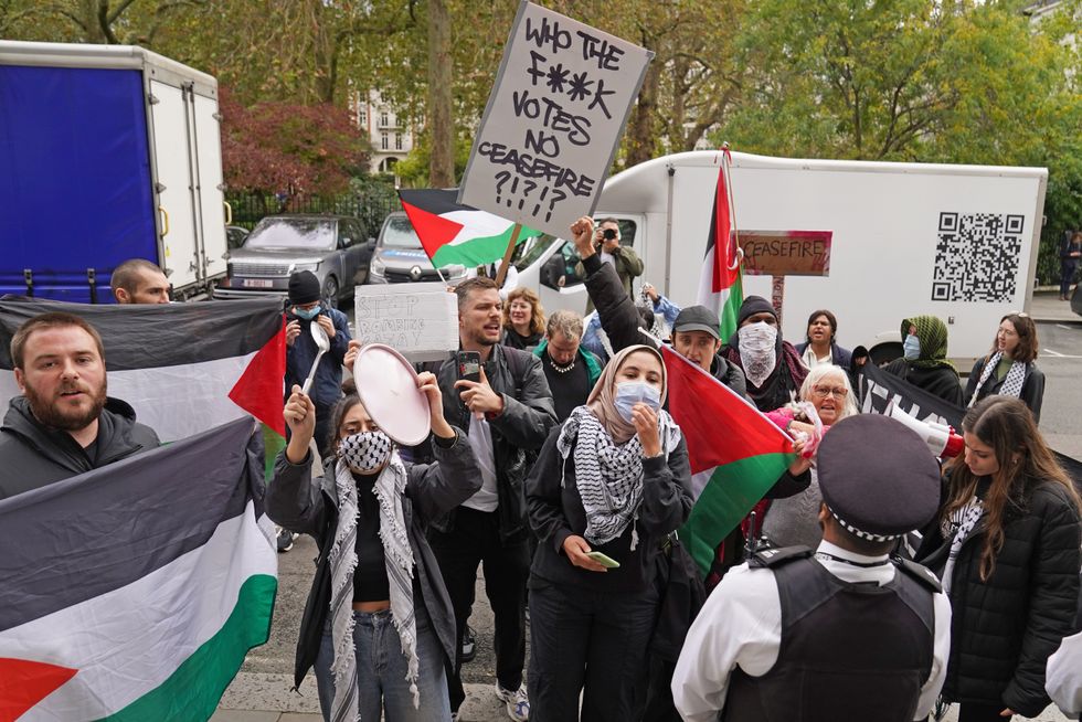Demonstrators outside Chatham House in central London, following a speech by Labour leader Sir Keir Starmer on the situation in the Middle East