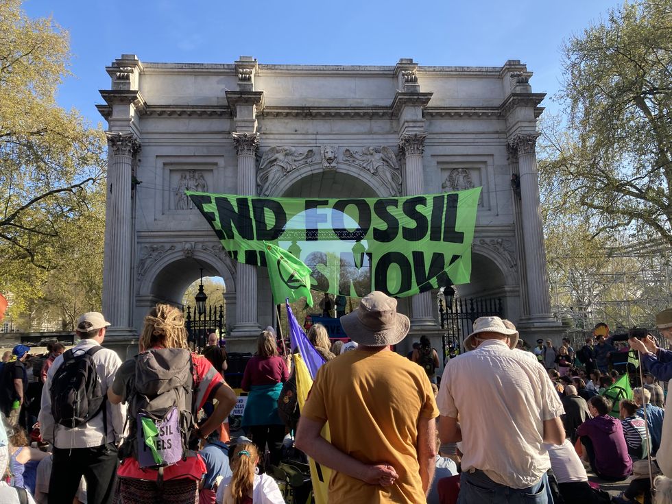 Demonstrators take part in an Extinction Rebellion protest at Marble Arch in central London.