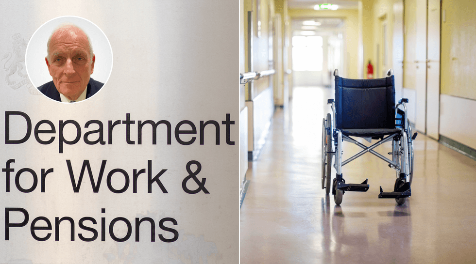 Department for Work and Pensions building (left), empty wheelchair (right)