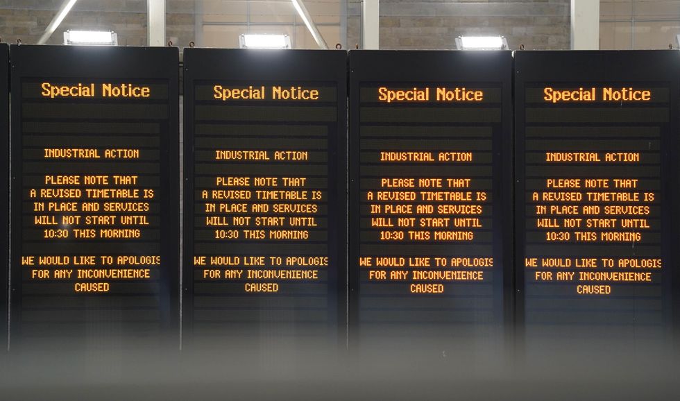 Departure boards at King's Cross station in London following a strike by members of the Rail, Maritime and Transport union (RMT), in a long-running dispute over jobs and pensions. Picture date: Tuesday December 27, 2022.