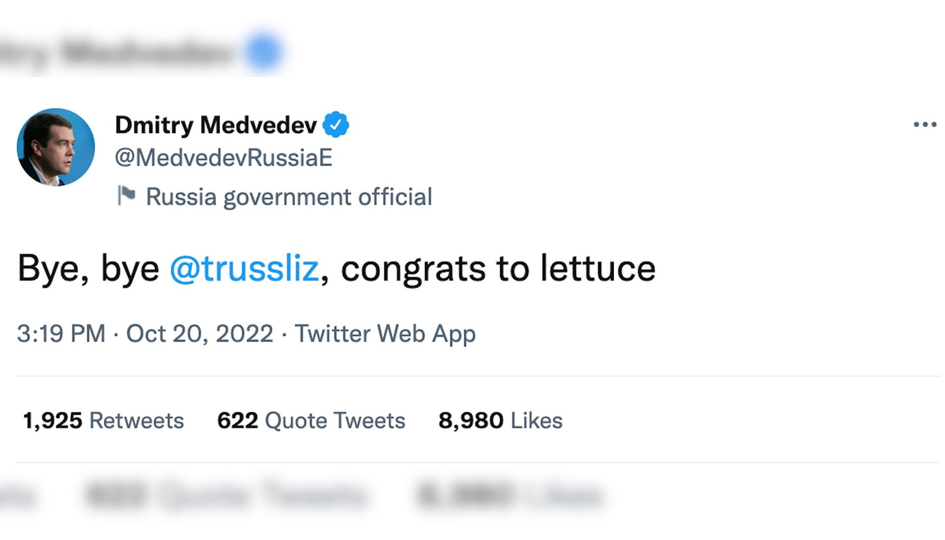 Deputy Chair of the Security Council of the Russian Federation Dmitry Medvedev took to his state-affiliated Twitter account to share his reaction to the news