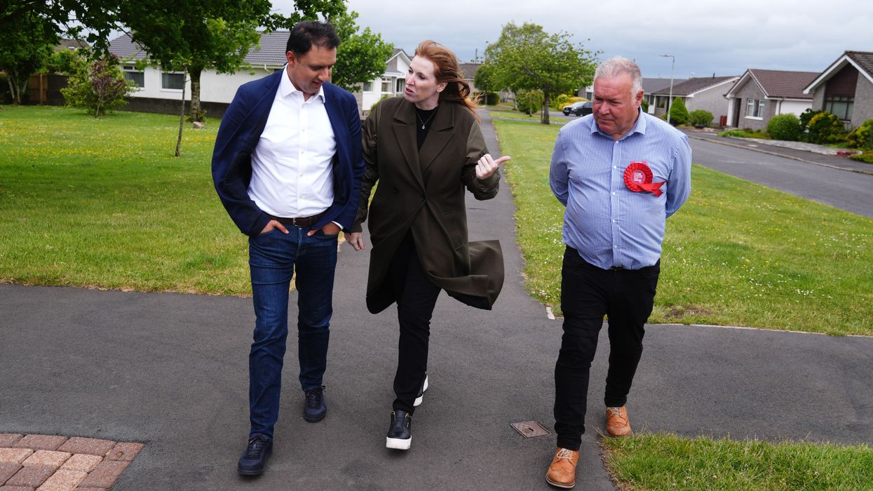 Deputy Prime Minister Angela Rayner with Scottish Labour leader Anas Sarwar (left) and Labour party candidate Davy Russell during a visit to Quarter, South Lanarkshire