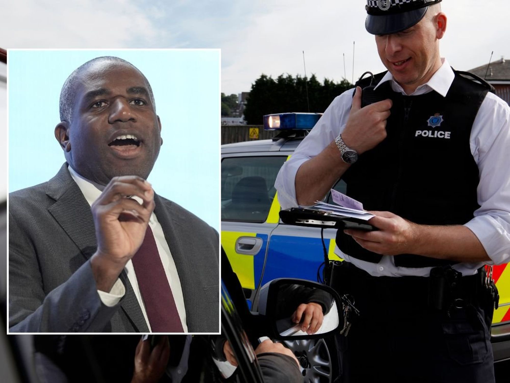 Deputy Prime Minister David Lammy and a police officer pulling a car over