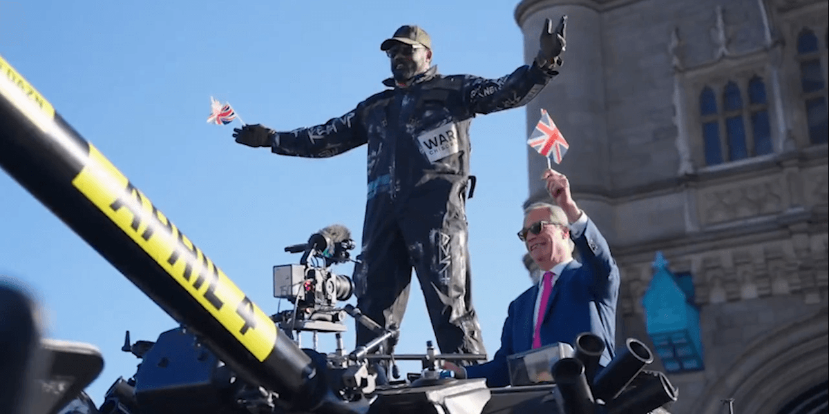 Nigel Farage and Derek Chisora ride a tank across Tower Bridge Nigel Farage and Derek Chisora ride a tank across Tower Bridge