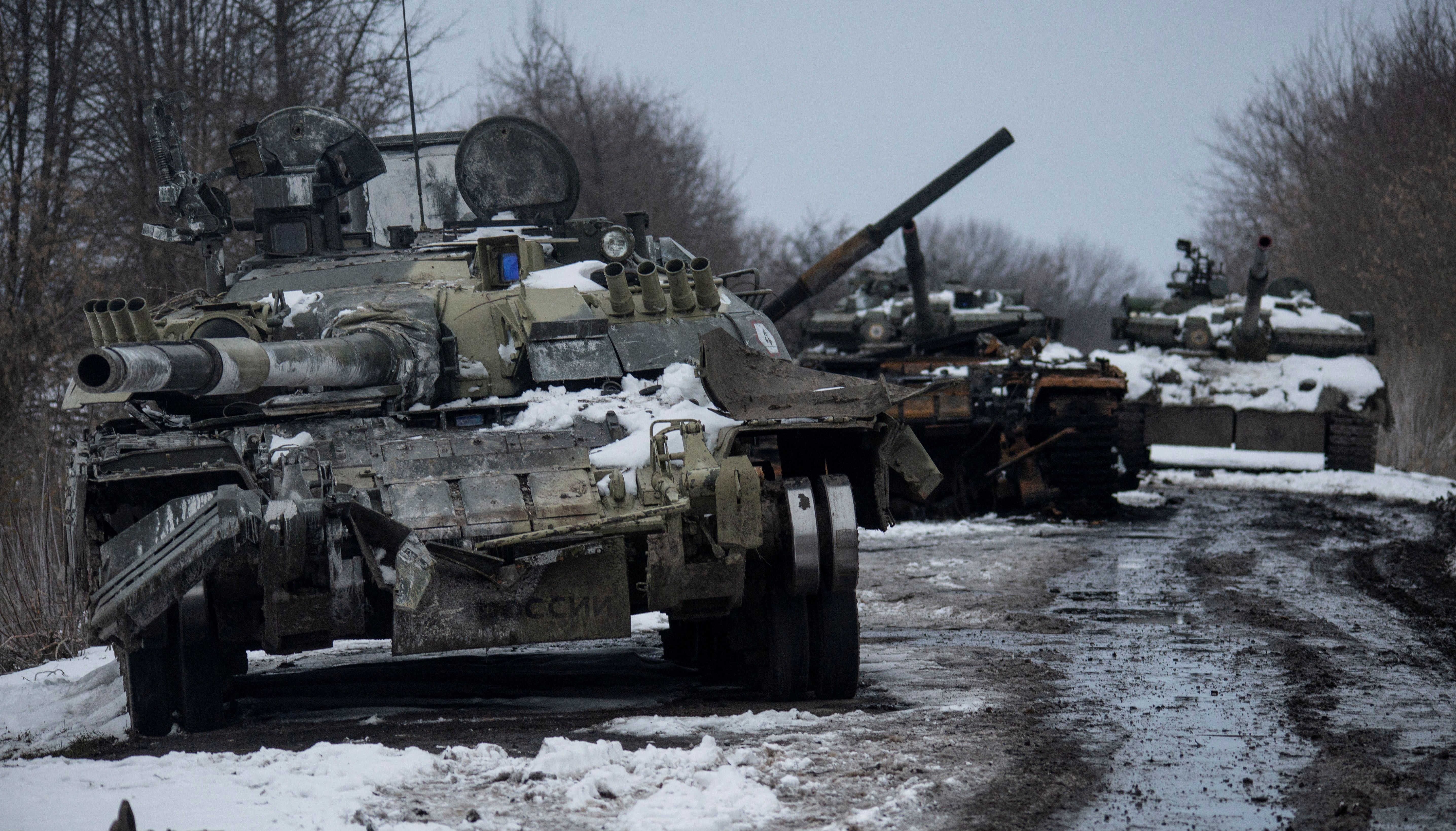 Destroyed Russian tanks are seen, amid Russia's invasion of Ukraine, in the Sumy region, Ukraine, March 7, 2022.