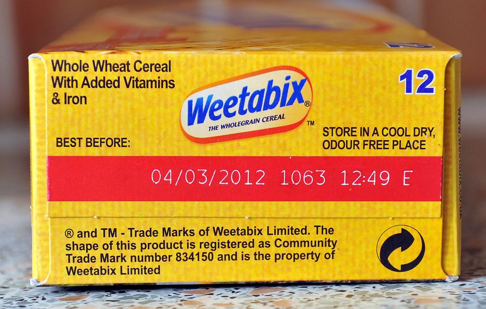 Detail on the front of a box of Weetabix breakfast cereal.