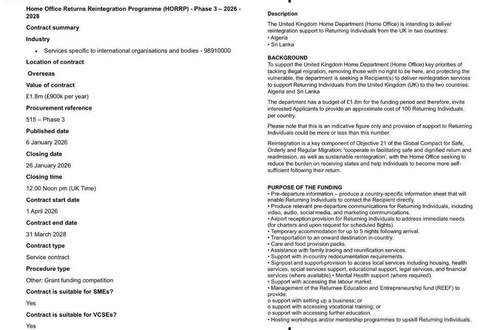 Details of the deal have been posted by the Home Office