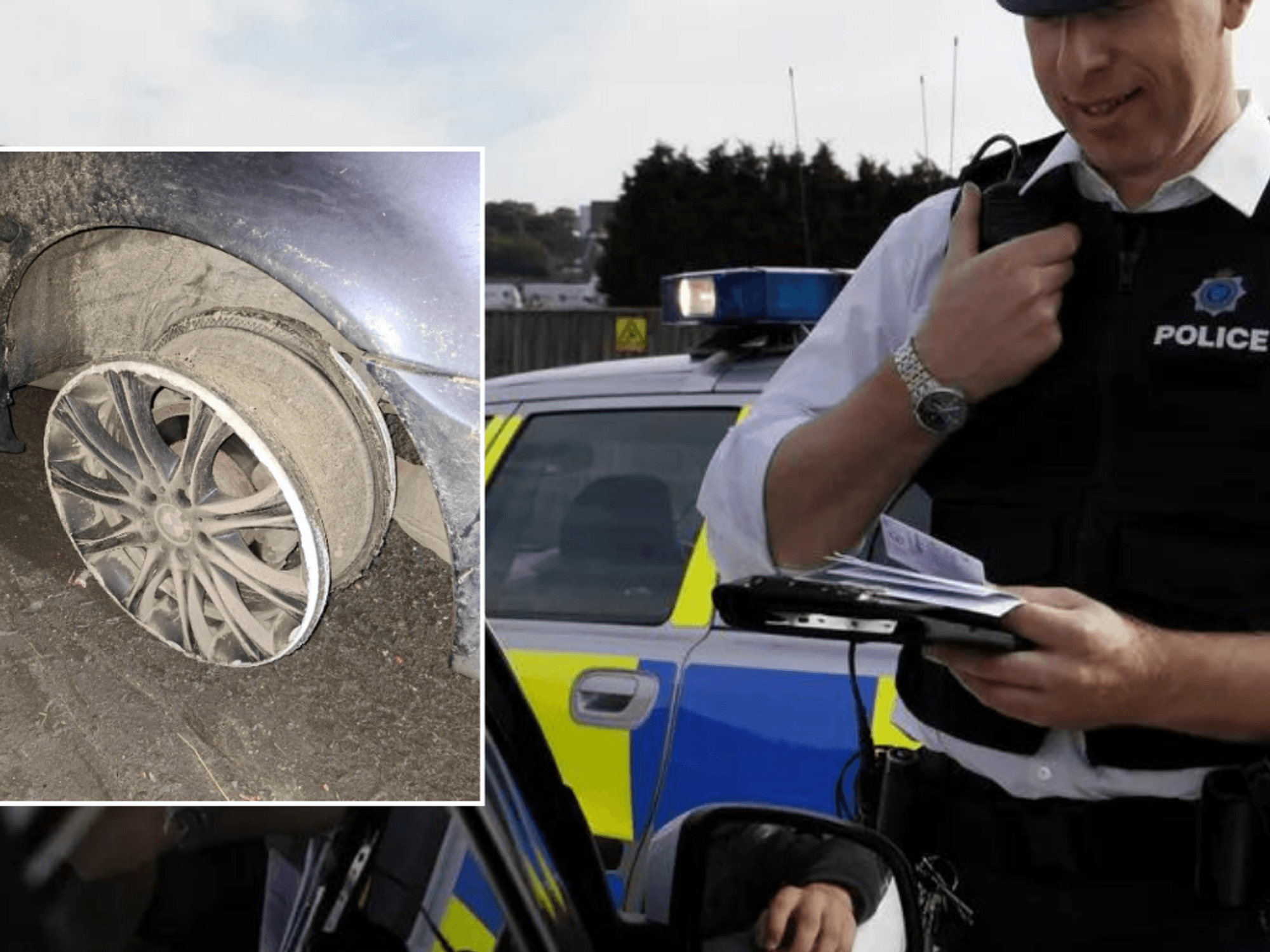 Detatched tyres and police car