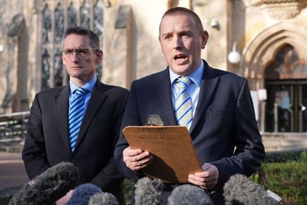 Detective Superintendent Lewis Bamford speaking to the media outside Wood Green Crown Court