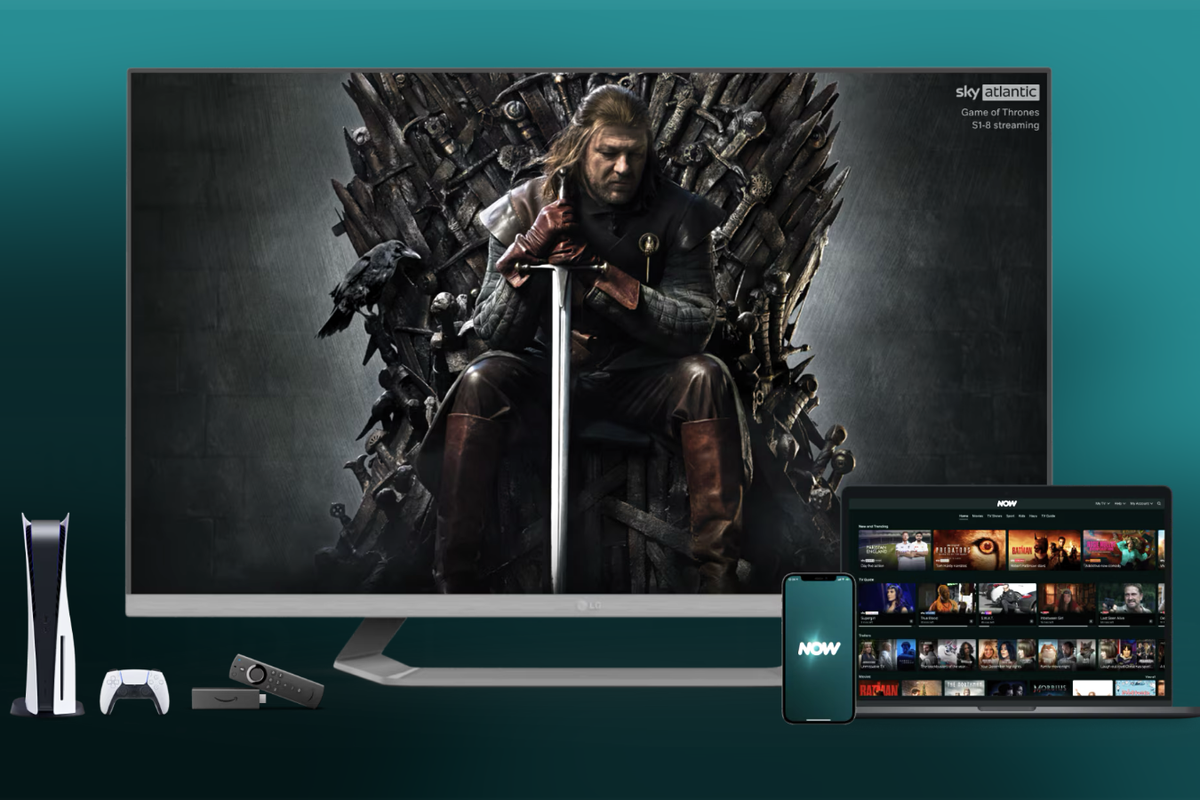 devices compatible with now tv streaming app pictured on a colourful green background with a preview for game of thrones showing 