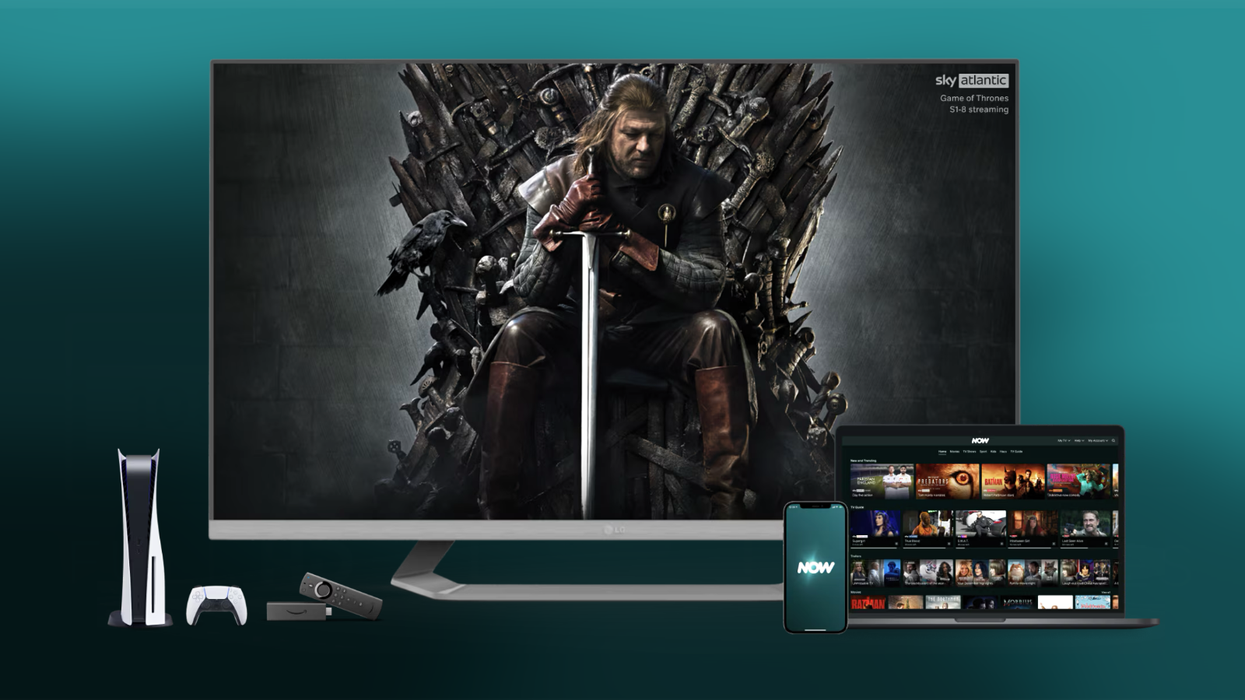 devices compatible with now tv streaming app pictured on a colourful green background with a preview for game of thrones showing