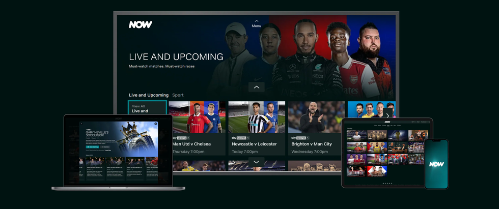 devices compatible with now tv streaming app pictured on a colourful green background with a preview for game of thrones showing
