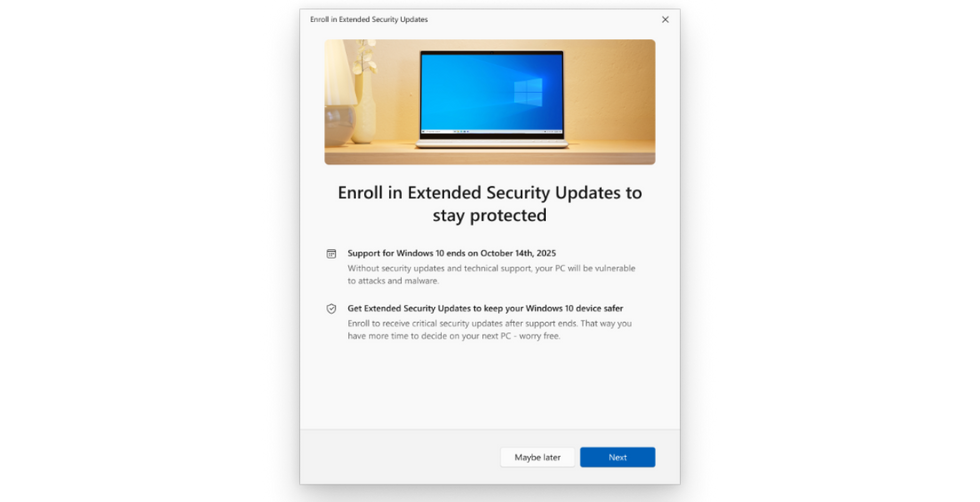 dialogue box on windows 10 to enrol in ESU