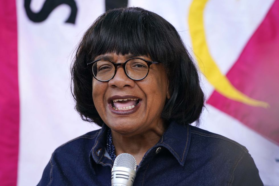 Diane Abbott speaking during a Stand Up to Racism taking the knee event outside Downing Street in London in solidarity with England players Marcus Rashford, Jadon Sancho and Bukayo Saka. Picture date: Saturday July 17, 2021.