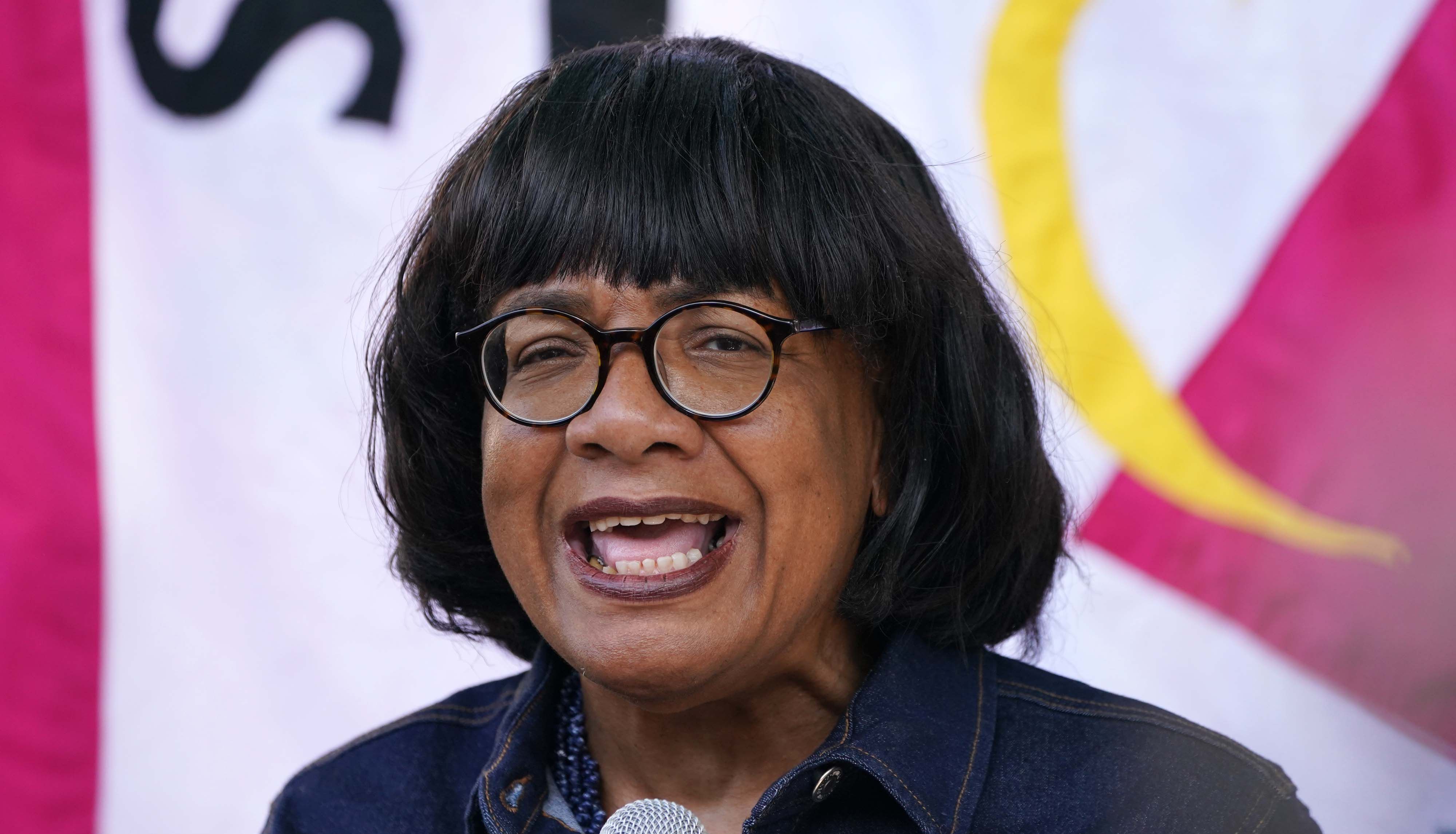 Diane Abbott speaking during a Stand Up to Racism taking the knee event outside Downing Street in London in solidarity with England players Marcus Rashford, Jadon Sancho and Bukayo Saka. Picture date: Saturday July 17, 2021.