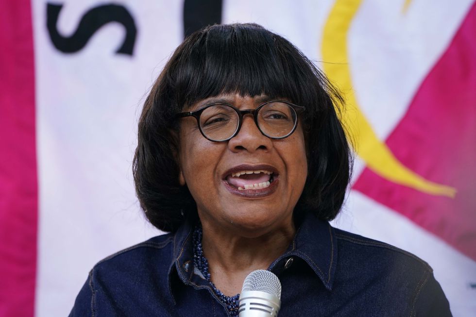 Diane Abbott speaking during a Stand Up to Racism taking the knee event outside Downing Street in London in solidarity with England players Marcus Rashford, Jadon Sancho and Bukayo Saka