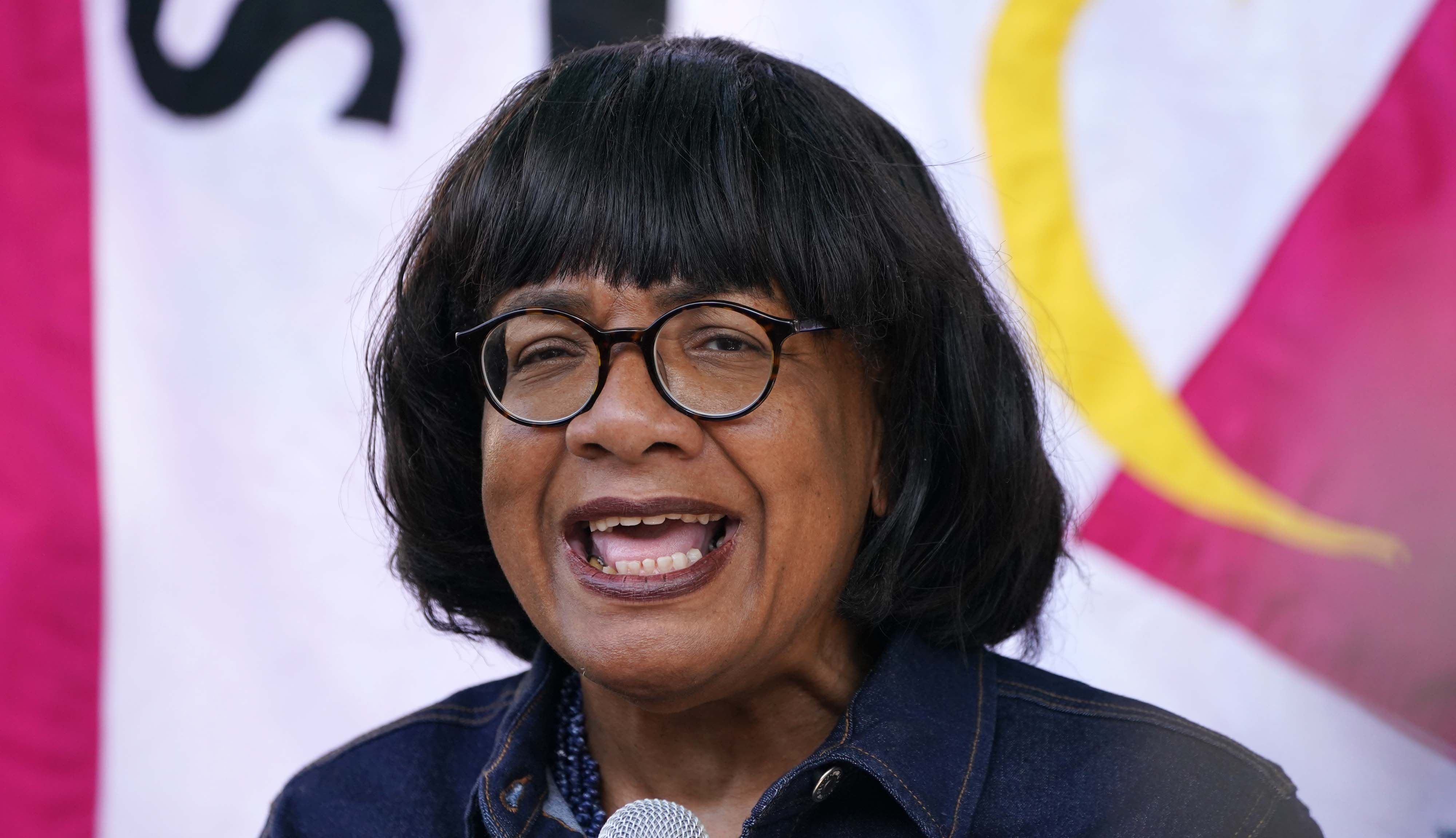 Diane Abbott speaking during a Stand Up to Racism taking the knee event outside Downing Street.