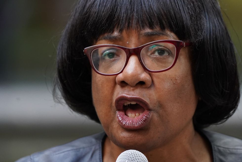 Diane Abbott speaks at a protest by Stand Up to Racism and the Afghan Human Rights Foundation outside the Home Office in Westminster, central London. The two organisations have condemned Home Secretary Priti Patel's decision to only allow 5,000 refugees into Britain from Afghanistan this year as %22woefully inadequate%22. Picture date: Monday August 23, 2021.