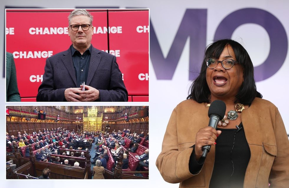 Diane Abbott with insets of Keir Starmer and the House of Lords