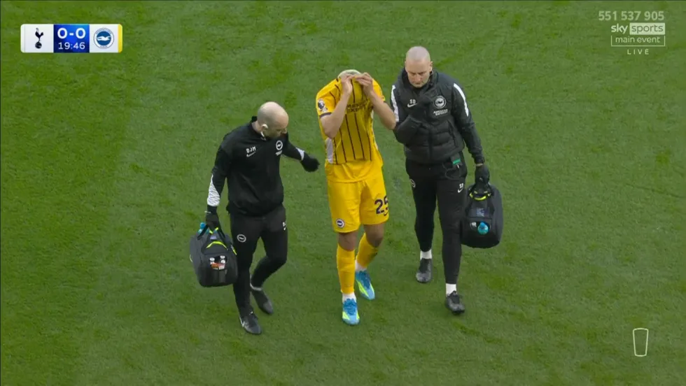 Diego Gomez hid his face after coming off in Brighton's Premier League match away at Tottenham