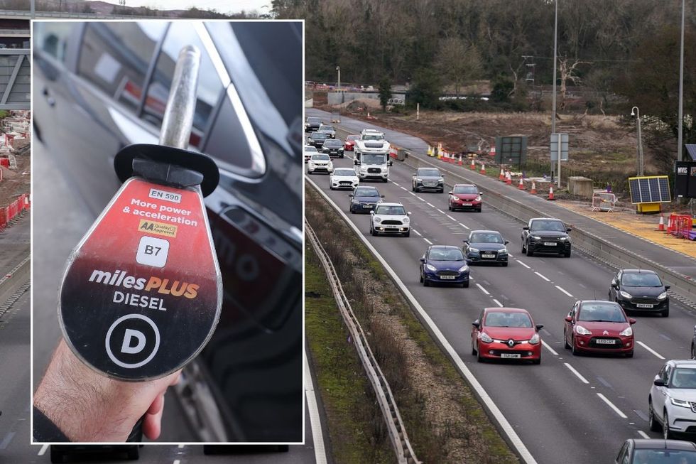 Diesel pump and a busy UK motorway